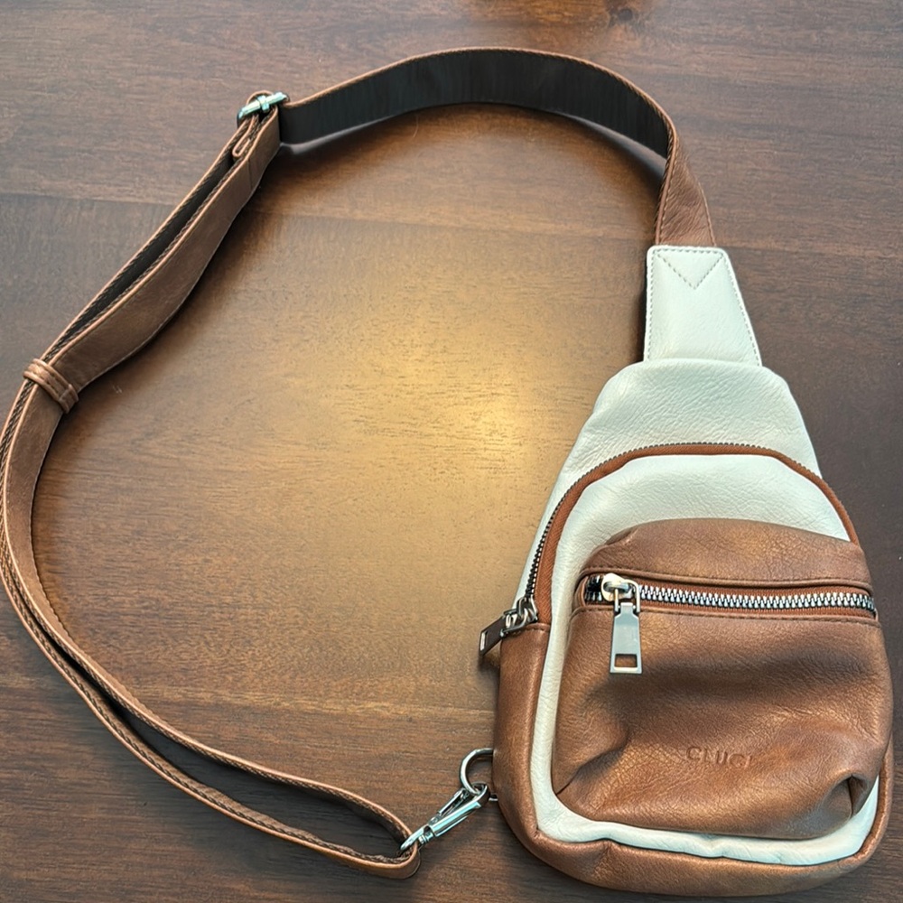 Brown and White Leather Mini Sling Bag